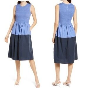 FRENCH CONNECTION‎ Rhodes Colorblock Smocked Poplin Dress, Size 8, Blue, NWT